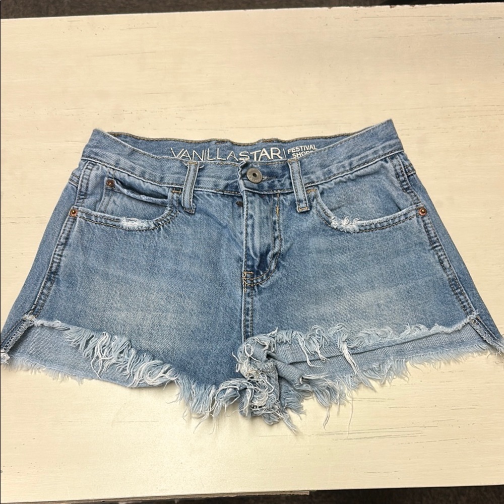Vanilla Star Shorts Womens Size 0 Blue Jean Denim Distressed Frayed Raw Hot